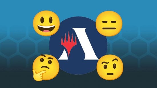 Four yellow emojis clustered around the MTG ARena logo, indicating four players at a game of MTG commander
