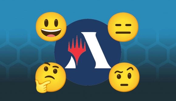 Four yellow emojis clustered around the MTG ARena logo, indicating four players at a game of MTG commander