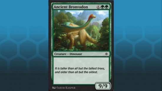 MTG Arena omniscience draft- an Ancient Brontodon green magic card, a massive dinosaur with 9/9 stats