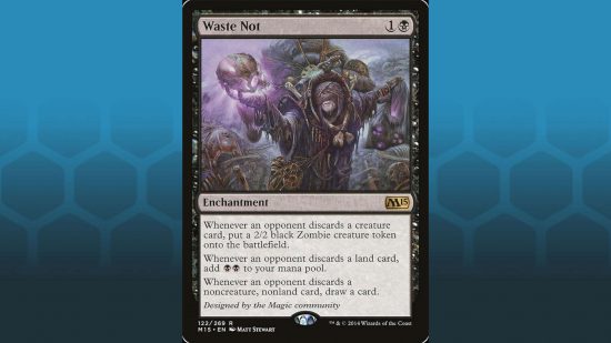 MTG black enchantment card Waste Not - a mysterious witch pulling a glowing skull from a refuse heap
