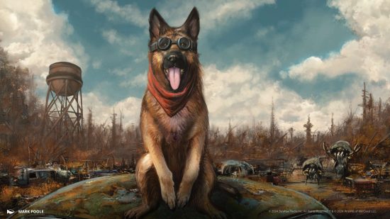 MTG Fallout Commander Decks - Dogmeat illustration by Mark Poole, an alsation wearing a bandana and goggles