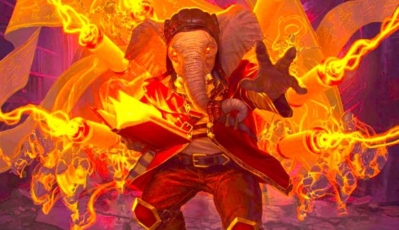 MTG keywords - Wizards of the Coast art of the Loxodon planeswalker, Quintorius Kand