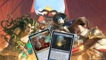 MTG Thunder Junction price spikes - a variety of MTG characters in cowboy attire, including the devil Rakdos, Faerie Oko, Gorgon Vraska, fae-blooded Kellan, and human Annie Flash, gather around a pair of MTG cards, 'Xanathar, Guild Kingpin' and 'Thada Adel, Acquisitor'