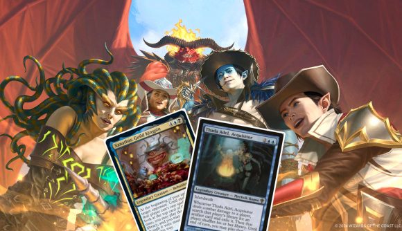 MTG Thunder Junction price spikes - a variety of MTG characters in cowboy attire, including the devil Rakdos, Faerie Oko, Gorgon Vraska, fae-blooded Kellan, and human Annie Flash, gather around a pair of MTG cards, 'Xanathar, Guild Kingpin' and 'Thada Adel, Acquisitor'