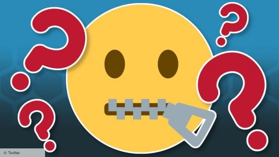 Party games for adults - Twitter emoji of a face with a zipped-up mouth, surrounded by question marks