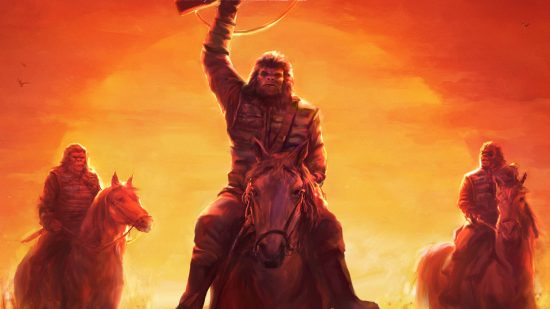 Planet of the Apes RPG art showing three horseback riding apes