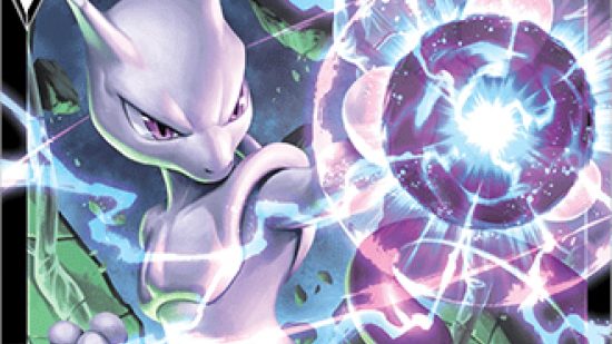 Pokemon TCG art showing Mewtwo performing a psychic move