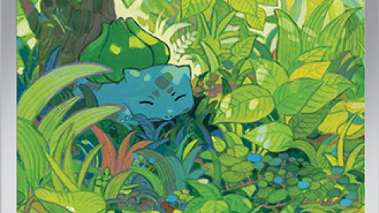 Pokemon TCG art showing Bulbasaur sleeping under a tree