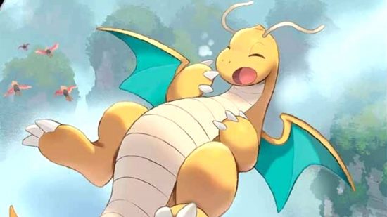 Pokemon TCG art showing the Pokemon Dragonite sleeping on a cloud