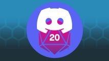 A combined Roll20 Discord Logo - a pink D20 with a white number 20 visible, a white mask that looks like a games console controller, superimposed on a lavender circle