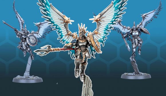 New Stormcast Eternals models, warriors in fully-enclosed plate armor, wielding spears and shields, borne aloft by wings of metal and blue flame