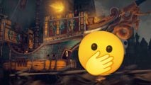 Total War Warhammer 3 DLC Throne of Decay - the Marienburg Landship, a giant boat fitted with wheels - and an emoji with a hand over its mouth