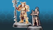 Warhammer 40k Talons of the Emperor detachment - a Custodian in gold power armor stands beside a Sister of Silence in bronze power armor. Both hold melee weapons