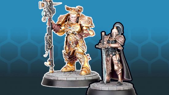 Warhammer 40k Talons of the Emperor detachment - a Custodian in gold power armor stands beside a Sister of Silence in bronze power armor. Both hold melee weapons