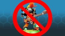 A noise marine, a Chaos Space Marine with lurid armor playing a guitar, behind a red "banned" symbol - will not feature in Warhammer 40k Codex Chaos Space Marines