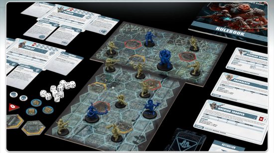 Warhammer 40k Darktide board game set up - a variety of miniatures placed onto cardboard board divdied into hexagonal grids