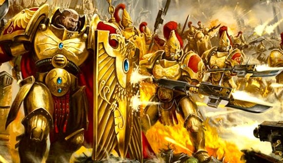 Warhammer 40k female Adeptus Custodes - Games Workshop artwork showing a huge battleline of gold armored Adeptus Custodes warriors