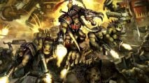 A mass of Warhammer 40k Ork Boyz led by a Warboss charge towards the viewer, an unruly horde of hulking, ogroid humanoids wearing bulky scrap armor and wielding inelegant but lethal firearms and blades