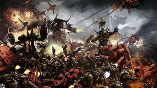 Warhammer 40k Orks codex - illustration of a huge force of Orks crashing into a Tau battleline