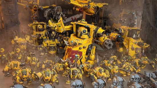 Warhammer 40k Orks codex - a Dread Mob, a mass of yellow war walkers, and a unit of heavily armored meganobs led by a big mek
