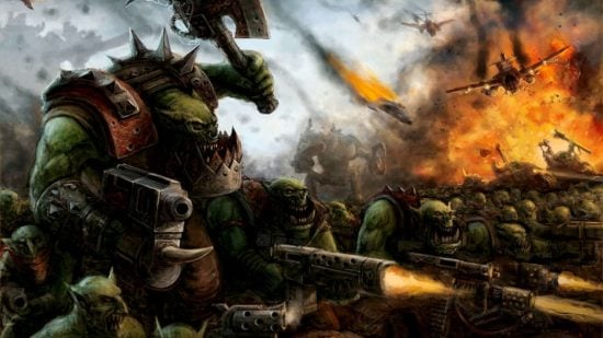 Warhammer 40k Orks codex - a green tide of Ork warriors blaze away with guns