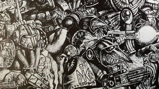 Warhammer 40k retcons - black and white Rogue Trader artwork of Space Marines