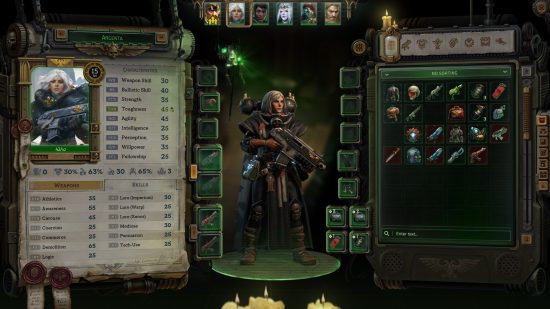 Warhammer 40k Rogue Trader inventory screen for a sister of battle