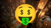 Warhammer 40k Rogue Trader goes on Steam sale - screenshot from the videogame Rogue Trader showing a huge hall with a high-vaulted ceiling and many attendants waiting either side of a red carpet - with a massive 'money eyes' emoji plastered on top