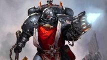 Warhammer 40k is not effective satire - artwork by Games Workshop of Black Templars chaplain Grimaldus, a warrior in black power armor wearing a red tabard, wielding a plasma pistol