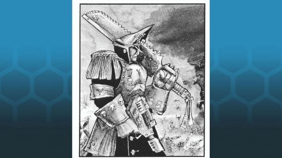 Warhammer 40k as satire - a picture of an Imperial Guard commissar by John Blanche, a military officer with a peaked cap, epaulettes, massive gloves, chainsword and las pistol