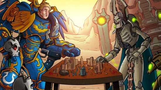 Warhammer 40k as satire - Warhammer Community illustration of Roboute Guilliman, a super human in blue power armor, and the android-like Necron Silent King, jovially playing a tabletop wargame