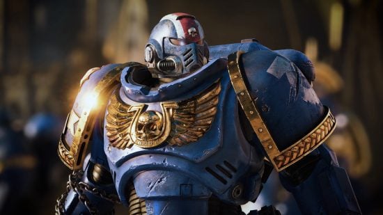 Warhammer 40k as satire - a marketing image of a Space Marine in blue and gold power armor