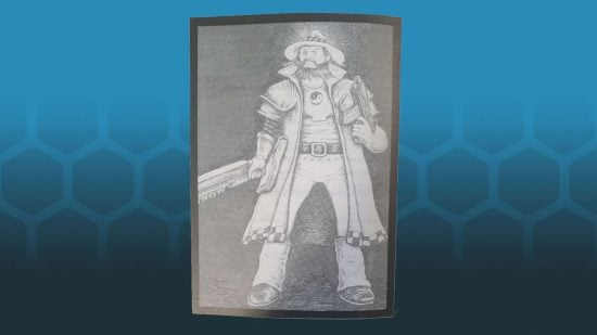 Warhammer 40k as satire - Rogue Trader illustration of Inquisitor Obiwan Sherlock Clousseau, a man in a trench coat wearnig a fedora, a yin-yang t-shirt, and carrying a chainsword