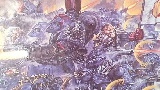John Sibbick's cover art for Warhammer 40k Rogue Trader - a doomed last stand of Space Marines, warriors in power armor fighting against overwhelming enemy forces