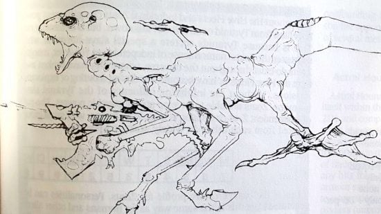 Warhammer 40k satire - a Rogue Trader illustration of a Tyranid, a weird-looking bug -dinosaur-alien