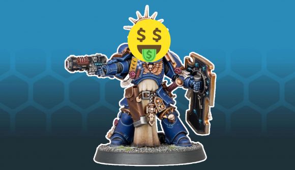 Warhammer 40k executive sells $875k shares - a Space Marine lieutenant holding a storm shield and a neo volkite pistol, with a large yellow emoji with dollar bills for eyes and on its tongue in place of its head