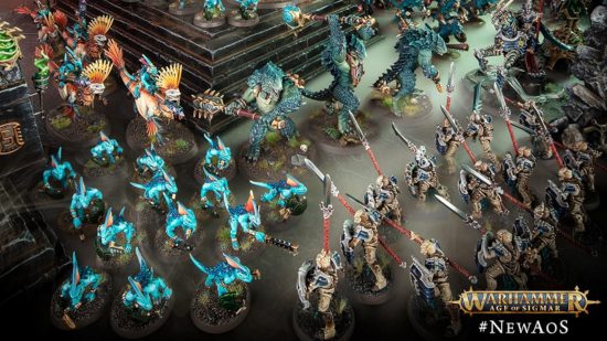 Warhammer Age of Sigmar 4th Edition Wounds Health stat change - Games Workshop image showing two tabletop forces of Seraphon and Ossiarch Bonereapers in a battle