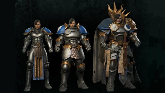 Warhammer Age of Sigmar 4th Edition Wounds Health stat change - Games Workshop image showing three 3d animated versions of a Stormcast Eternal character in three evolutions of armor