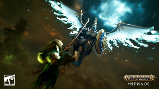 Warhammer Age of Sigmar 4th Edition Wounds Health stat change - Games Workshop image showing a Stormcast Eternals prosecutor swooping down and spearing a skaven in the new edition trailer