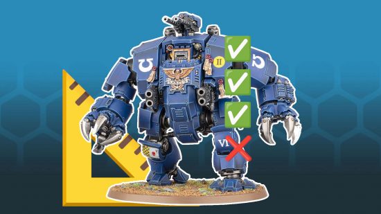 Warhammer designer talent programme - a Bruatlis dreadnought, a huge blue war walker with large claws, positioned in front of a triangular rule, - three green ticks and a red cross are placed on top of it