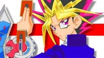 YuGiOh Master Duel players - Konami art of YuGi in front of the English flag