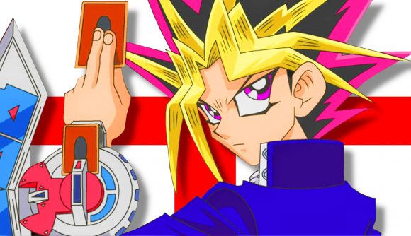 YuGiOh Master Duel players - Konami art of YuGi in front of the English flag