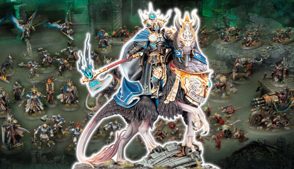 A new Lord Vigilant, a Stormcast Eternal lord riding a huge gryphon, part of the Age of Sigmar 4th edition launch box set