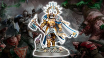 Age of Sigmar Stormcast Eternals rules - Bastian Carthalos, a huge gold-armored man haloed in white light wielding a massive hammer, against a backdrop of an illustration of Stormcast Eternals and Skaven fighting