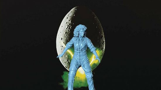 An alien egg with a Ripley model in front of it.