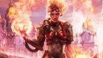 Best red planeswalker - Chandra, Torch of Defiance, art closeup, a woman with fiery red hair and fire coming out of her hand