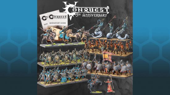 Warhammer alternative Conquest two player starter set, two forces of infantry, cavalry, and elemental Djinn, from the Hellenistic City States and Indian-subcontinent-inspired Sorcerer Kings factions
