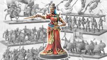 A Sorcerer from the Warhammer alternative Conquest, Last Argument of Kings, a woman in a red gown with a belt of bright blue beads and golden jewelry, holding a wand