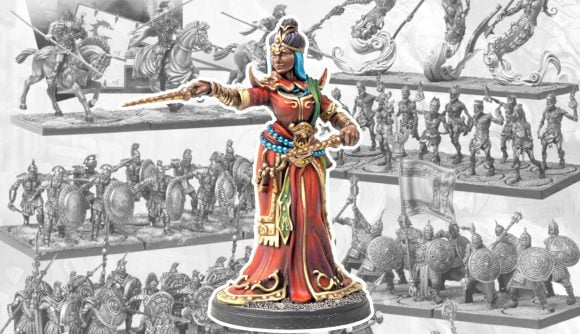 A Sorcerer from the Warhammer alternative Conquest, Last Argument of Kings, a woman in a red gown with a belt of bright blue beads and golden jewelry, holding a wand