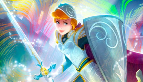 Disney Lorcana art showing Cindarella with a sword and shield